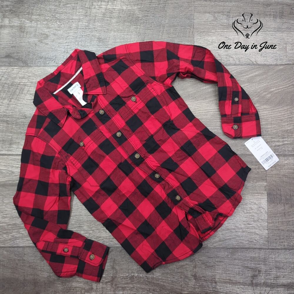 Carters Boys Buffalo Plaid Button Down Shirt Red Black NWT $28 Size 5